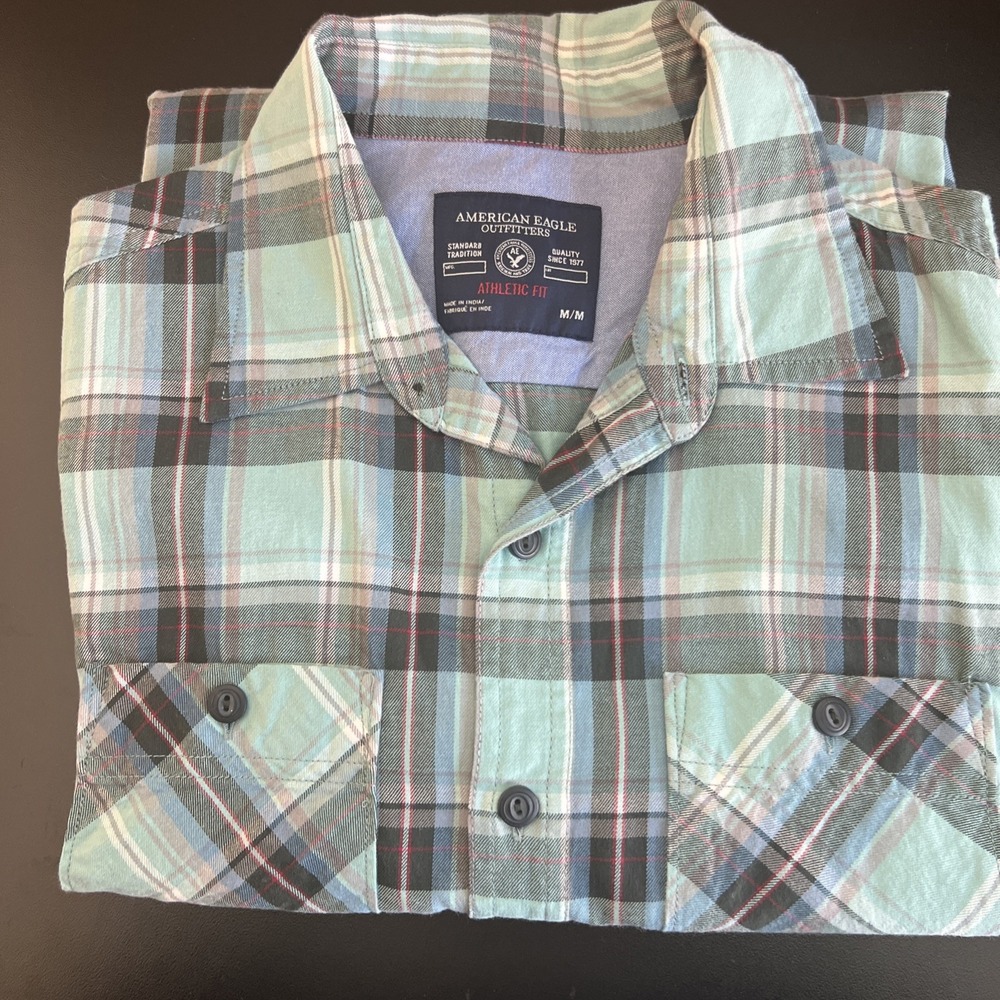 American Eagle Outfitters Mens Sz M Classic‎ Fit Teal Button Plaid Flannel Shirt